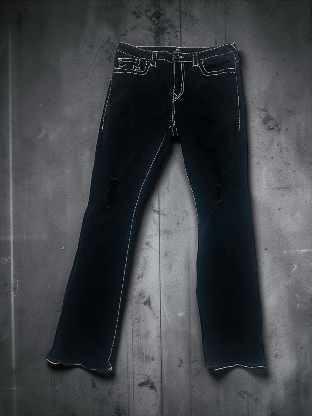 True Religion Becca Mid-Rise Bootcut Jeans Distressed Knees Black - Size 30